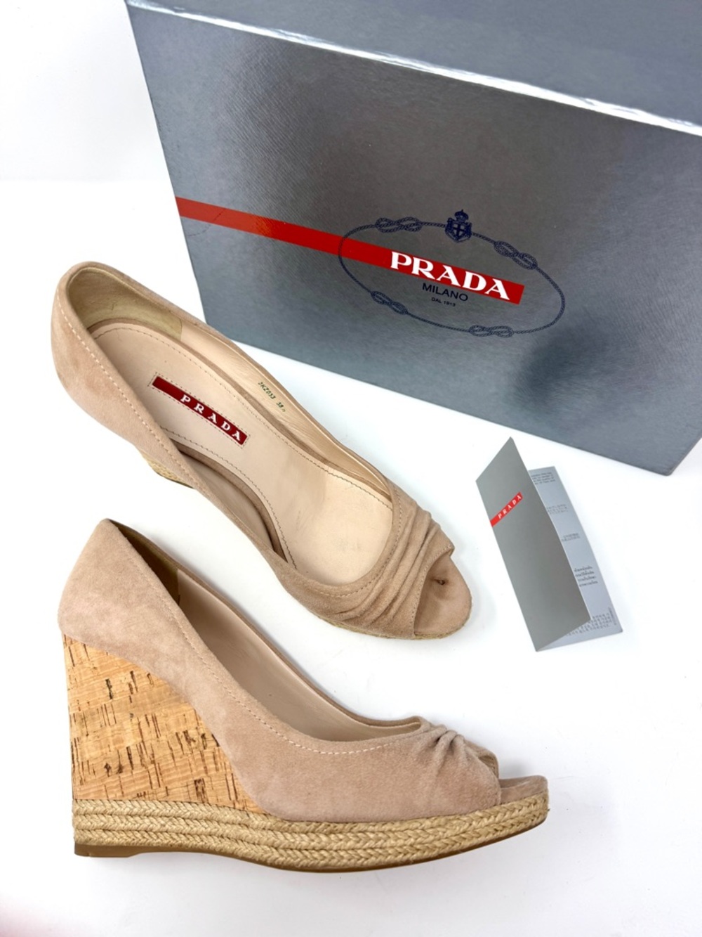 Prada Beige Suede Cork Wedge Peep-Toe Espadrille Pumps